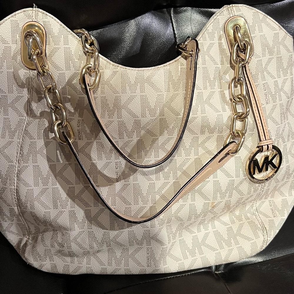 Michael Kors White Monogram Gold Chain Lilly tote Shoulder bag.